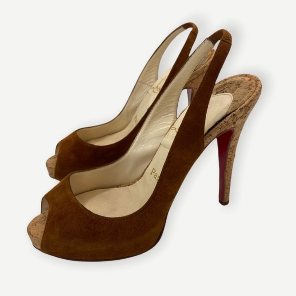 Christian Louboutin Suede + Cork Peep Toe Pumps